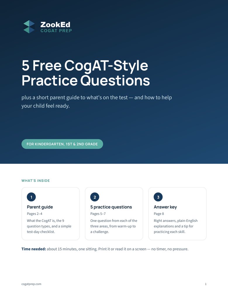 Cover of the free PDF: 5 Free CogAT-Style Practice Questions plus a short parent guide